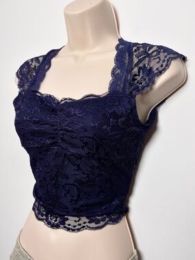 Navy Lace Wrap Top Sweetheart Neckline Romantic Goth